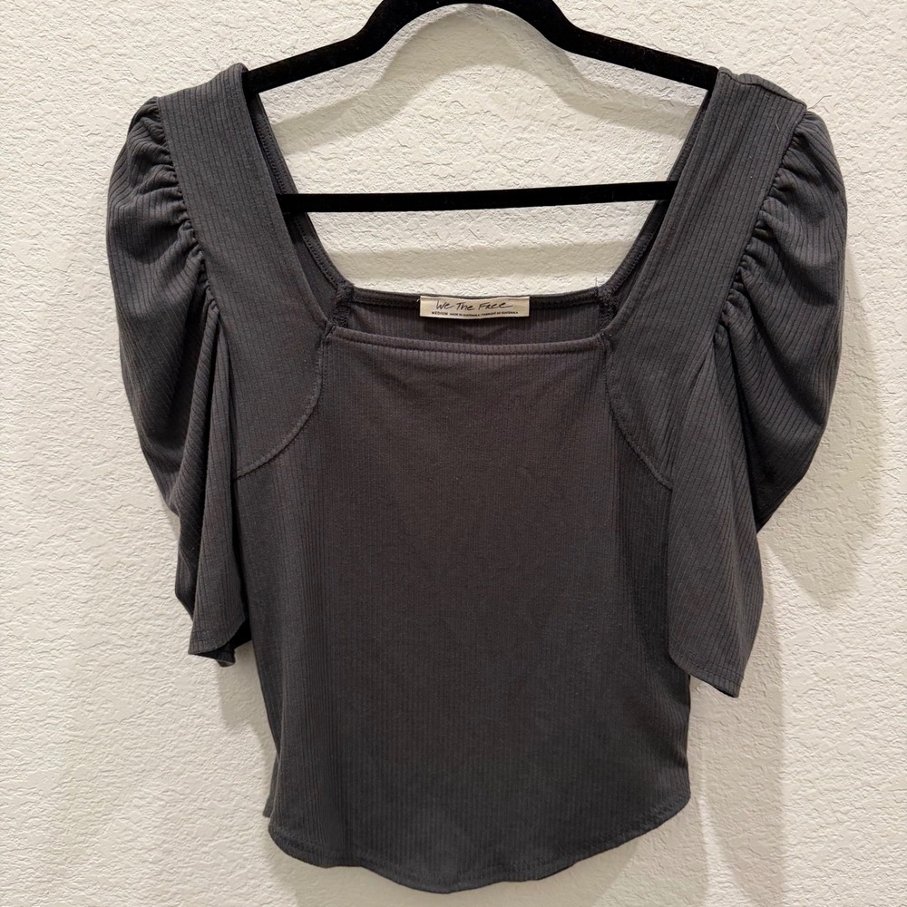 We The Free Free People Ribbed Square Neck Puff Sleeve Top Charcoal Grey Medium